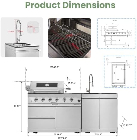 79" Modular Outdoor Kitchen with 4 Burners 72,000 BTU Propane Grill,Rotisserie Oven,Side Burner,Sink & Marble Countertop.Gas Grill for Backyard and Patio.(Propane) - Image 2