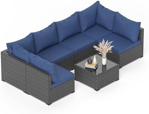 Patio Furniture Set, 7PCS Outdoor Sectional PE Rattan Patio Conversation Set w/Thickened Cushion Modular Wicker Patio Sofa Set w/Coffee Table for Balcony, Backyard(Blue) - Image 2
