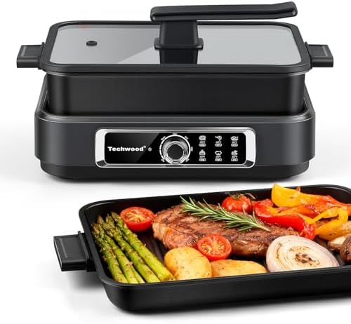 Indoor Grill, Techwood Electric Indoor Grill Griddle 7.5-Quart 1500W Versatile Multi-Cooker with 5-Level Heat Settings, Come with Removable Non-stick Grill Pan& Cooking Pot, Dishwasher Safe by Techwood