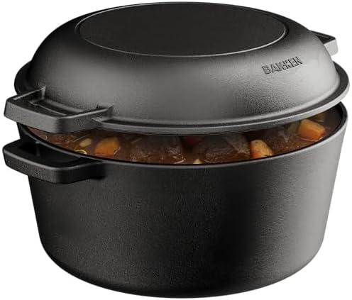 Bakken 2-in-1 Cast Iron Dutch Oven Pot with Skillet Lid, 5QT Pre-Seasoned Dutch Oven for Bread Baking, Roasting & Campfire Cooking, Heavy-Duty Indoor & Outdoor Use with Easy-Grip Dual Handles by BAKK%C3%8BNMASTER