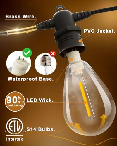 60FT LED Outdoor String Lights with 16+1 Edison Shatterproof Waterproof Bulbs, 2700K Commercial Grade Patio Lights, Heavy Duty Outside Hanging for Garden Porch Deck Decor - Image 2