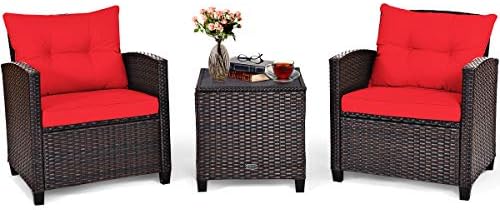Tangkula 3 Pieces Patio Furniture Set, PE Rattan Wicker 3 Pcs Outdoor Sofa Set w/Washable Cushion and Tempered Glass Tabletop, Conversation Furniture for Garden Poolside Balcony (Red) by TANGKULA