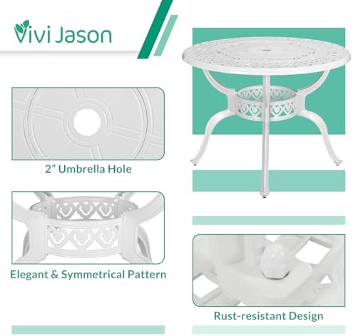 VIVIJASON 5-Piece Outdoor Patio Dining Set, All-Weather Cast Aluminum Conversation Set, Patio White Furniture Set, Include 4 Cushioned Chairs, 38.5" Round Table w/Umbrella Hole (White/Green Cushion) - Image 2