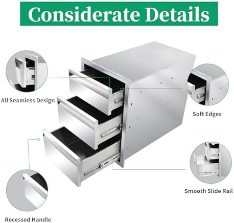 Outdoor Kitchen Drawers 14" W x 21" H x 23" D Stainless Steel Triple Drawers with Hidden Handle for BBQ Island, Patio Grill Station & Outdoor Kitchen Cabinets - Image 5
