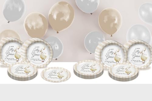 Birthday Galore Silly Goose Baby Shower - 32 Piece Disposable Party Supplies - Beige Gingham Baby Shower Decorations - Round Party Plates - Large 9" Paper Plates In Bulk - Image 6