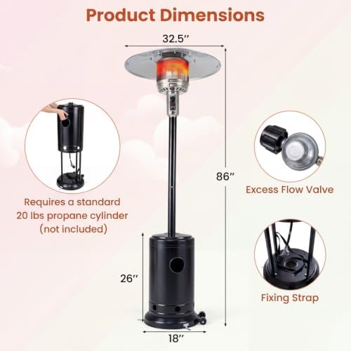 COSTWAY Outdoor Patio Heater, 47476 BTU Propane Heater with Stainless Steel Burner and Wheels, Triple Protection System, Standing Portable Outside Heater for Porch, Deck, Home and Commercial, Black - Image 3