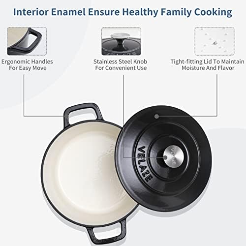 Velaze 6 QT Enameled Cast Iron Dutch Oven Pot with Lid, Black - Image 4
