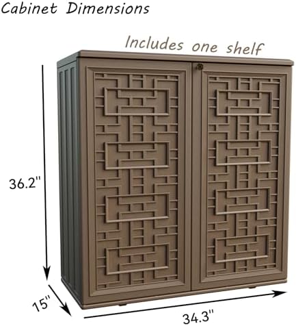 Mrosaa Indoor Outdoor Storage Cabinet Waterproof with 1 Shelf, Plastic Outdoor Storage Cabinets for Patio/Garden/Backyard, Size 34.3''L*15''W*36.2''H(Brown) - Image 3