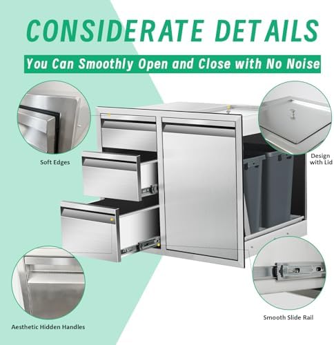 Outdoor Kitchen Door Drawer Combo Cabinet, 28" x 22" x 19.5" Right Trash Drawer Combo Cabinet & Built-in Triple Drawers for Patio Grill Station, Outdoor Kitchen Island - Image 4