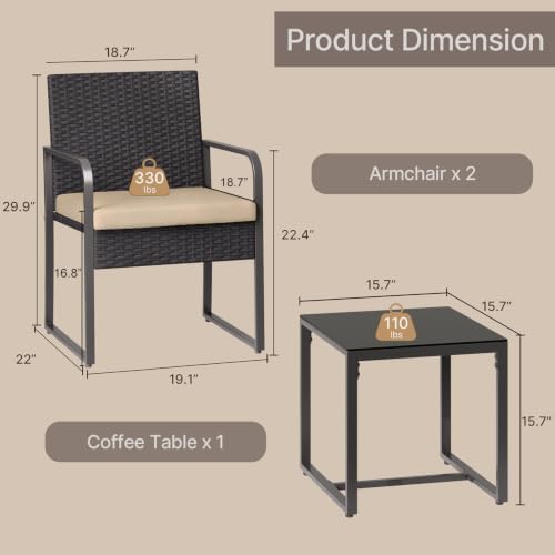 Gizoon 3 Pieces Patio Furniture Sets, Cushion-Beige - Image 2