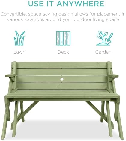 Best Choice Products 2-in-1 Transforming Interchangeable Outdoor Wooden Picnic Table Garden Bench for Backyard, Porch, Patio, Deck w/Umbrella Hole - Sage Green - Image 4