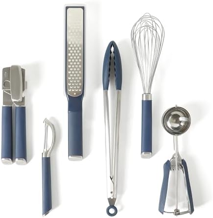 Calphalon Edge 6-Piece Stainless Steel Kitchen Tool & Gadget Set, Kitchen Utensil Set with Silicone Accent, Can opener, Straight peeler, Grater, Tongs, Balloon whisk and Scoop (Navy Blue) by Calphalon