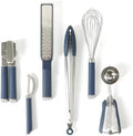 Calphalon Edge 6-Piece Stainless Steel Kitchen Tool & Gadget Set, Kitchen Utensil Set with Silicone Accent, Can opener, Straight peeler, Grater, Tongs, Balloon whisk and Scoop (Navy Blue) by Calphalon