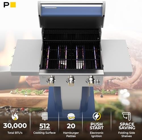 Permasteel 3-Burner Propane Gas Grill, 30,000 BTUs BBQ Grill with Cast Iron Grates, Foldable Side Tables & Tool Hooks, Outdoor Grill, Azure - Image 2