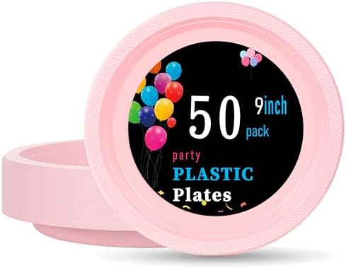 WELLIFE Pink Plastic Plates 9 Inch 50 Count by WELLIFE