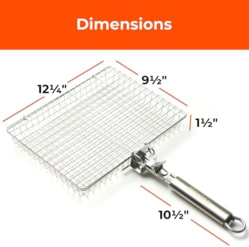 Stainless Steel Large Grill Basket with Removable Handle – 12.25 x 9.5 x 1.5 Inch BBQ Vegetable Basket with Easy Open Lid, Silicone Basting Brush & Scrub Sponge – Outdoor Cooking & Camping Accessory - Image 6