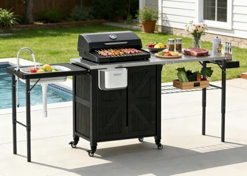Outdoor Grill Cart with 2-Stainless Steel Top, 2-Tier Storage Cabinet by IWDOO