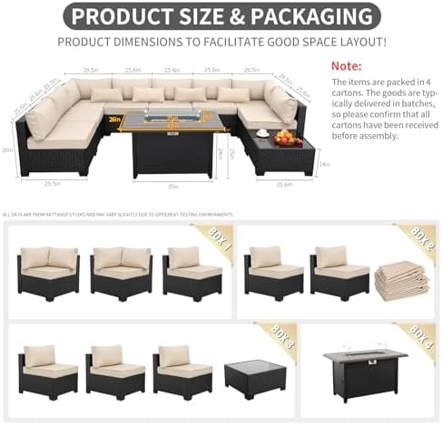 Rattaner 10 Pieces Outdoor Sectional All-Weather Wicker Patio Furniture Set Patio Sectional and Steel Fire Table and Glass Patio Table Non-Slip Cushions and Waterproof Covers, Khaki - Image 3