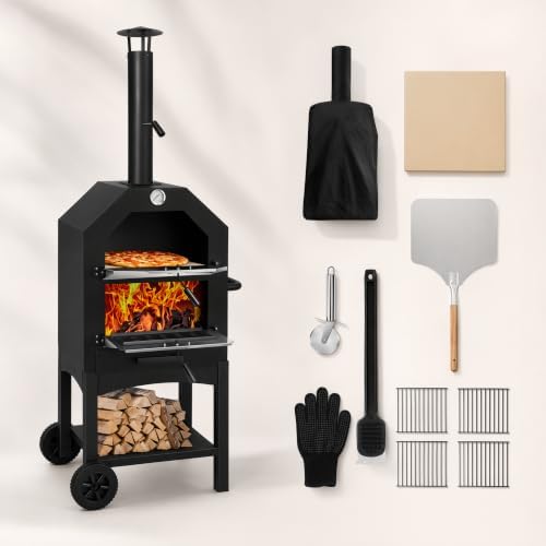 Outdoor Pizza Oven, Wood Fired Portable 550°F Pizza Maker with Stone, Peel, Grill Rack for Patio Backyard Camping,Black by Embraceartofoutdoorliving
