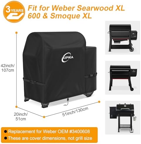 Kipiea 600D Pellet Grill Cover for Weber Searwood XL 600 & Smoque XL, Waterproof BBQ Smoker Cover, UV Resistant, No Tear, No Fading - Image 2