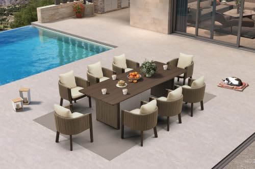 PURPLE LEAF Patio Dining Set 9 PC Aluminum with Olifen Wicker Chair Bronze by PURPLELEAF