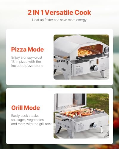 VEVOR 2 IN 1 Outdoor Pizza Oven, 13 in Propane Pizza Oven & Grill, 12,000 BTU Tabletop Propane Gas Oven with Pizza-Stone, Thermometer, Stainless Steel Portable Grill, for Camping & Backyard - Image 4