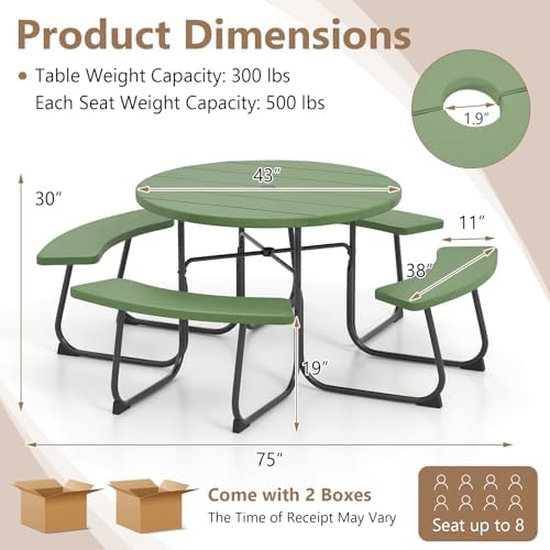 COSTWAY Round Outdoor Picnic Table with Bench Set for 4-8 People (Green) - Image 3