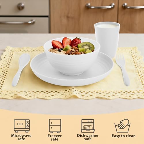 Wheat Straw Dinnerware Sets Service for 4, Unbreakable Kids Plates and Bowls Set 20 PCS, Microwave & Dishwasher Safe Dishes Set for Dinner, Kitchen, Camping, PV, Dorm - White - Image 5