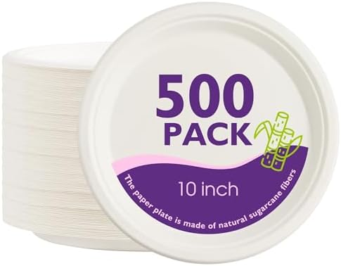 Compostable Paper Plates 10 Inch 500 Pack, Biodegradable Disposable Plates Heavy Duty White Plates, Made of Natural Sugarcane Bagasse, Unbleached Round Dinner Plates by PACKINNO