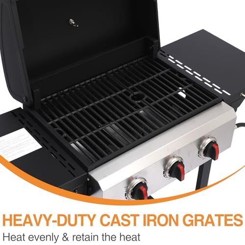 Propane Gas Grill with Folding Side Tables, 3-Burner Gas Grill with Cast Iron Grates and Stainless Steel Griddle Pan, Outdoor BBQ Grill Portable with Wheels 30,000 BTU Output - Image 2