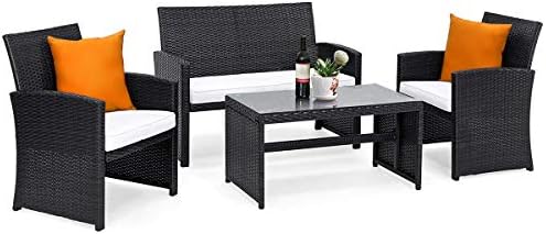 Goplus 4-Piece Rattan Patio Furniture Set, Outdoor Wicker Conversation Sofa with Weather Resistant Cushions and Tempered Glass Tabletop for Lawn Backyard Pool Garden (White(Black Wicker)) by Goplus
