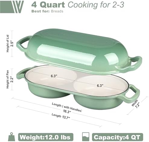 VORRINGARD Enameled Cast Iron Double Dutch Oven with Lid, Dual Round Loaf Pan, Bread pan for Homemade Sourdough Bread Baking, Sage green - Image 2