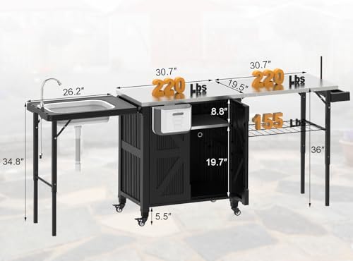 Grill Cart with Foldable Sink, Outdoor Storage Cabinet, Outdoor Grill Cart with Wheels, Kitchen Island with Folding Trash Can for Barbecue, Backyard, Garden & Outdoor Kitchen - Image 2