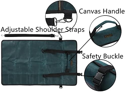 Denifiter Professional Chef's Knife Bag with Anti Cutting Fabric Inside, Heavy Duty 16oz Waxed Canvas Knife Roll, 11 Slots & Durable Handle Adjustable Shoulder Strap (Dark Green) - Image 4