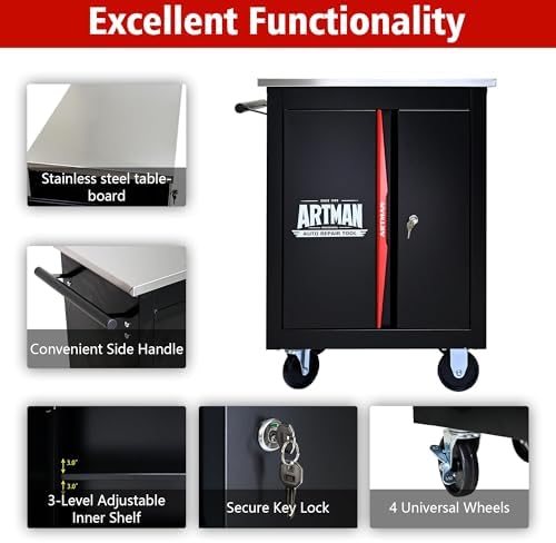 Double-Door Heavy-Duty Rolling Steel Tool Cart with Handle&Wheels, Metal Storage Organizer Cabinet, Tool Chest for Efficient Tool Storage in Garage, Warehouse, Workshop, Repair Shop, Black&RED - Image 4