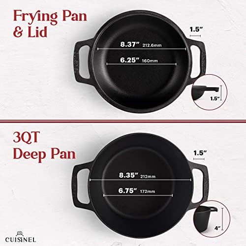 Cuisinel Cast Iron Dutch Oven - 3-Quart Deep Pot - Pre-Seasoned 2-in-1 Multi-Cooker - Combo Lid Doubles as 8"-inch Skillet + Silicone Handle Covers + Scraper - Use for Baking Bread. PFAS and PFOA-free - Image 3