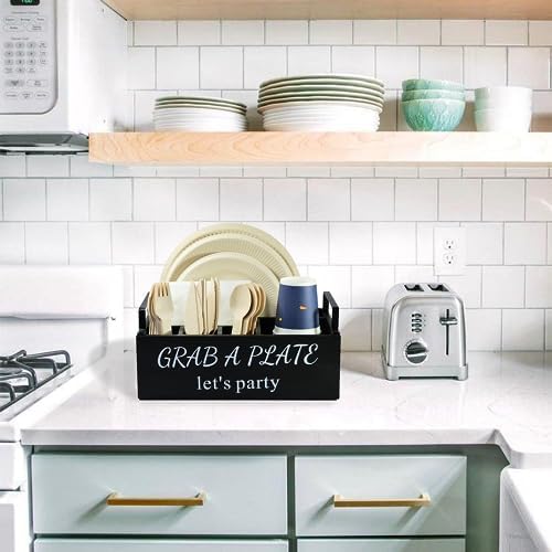 Paper Plate Holder, Utensil Caddy Organizer, Wood Paper Plate Dispenser, Silverware Caddy Holder, and Disposable Coffee Bar Accessories Box for Kitchen Counter, Party, Camping, Picnic (6 compartment) - Image 6