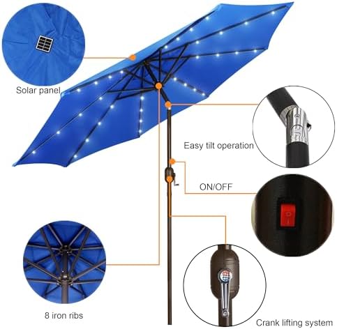 Blissun 9 ft Solar Umbrella, Patio Umbrella with 32 LED Lights, Table Market Umbrella, Outdoor Umbrella for Garden, Deck, Backyard, Royal Blue - Image 2