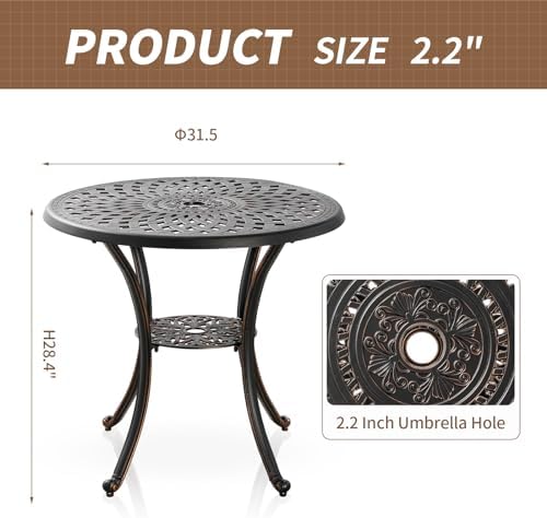 31" Round Patio Dining Table with Umbrella Hole, Cast Aluminum Bistro Table Outdoor Side Table for Backyard, Garden, Patio, Porch - Image 3