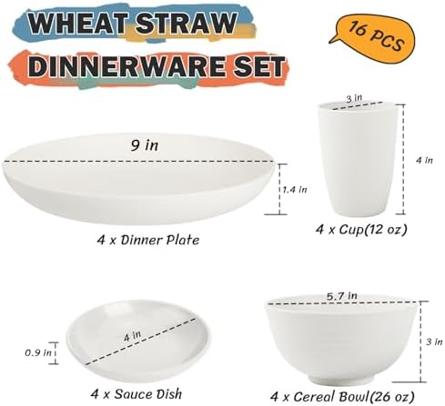 Wheat Straw Plates and Bowls Sets of 16，Unbreakable Dinnerware Sets for 4, Microwave & Dishwasher Safe Kids Dish Set for Kitchen, Outdoor, Camping, Party, RV- White - Image 3