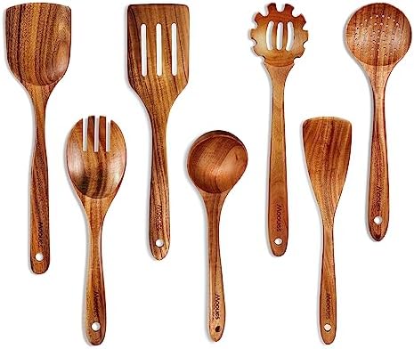 Mooues Wooden Kitchen Utensil Set, 7 Piece Natural Teak with Spoon Rest by Mooues