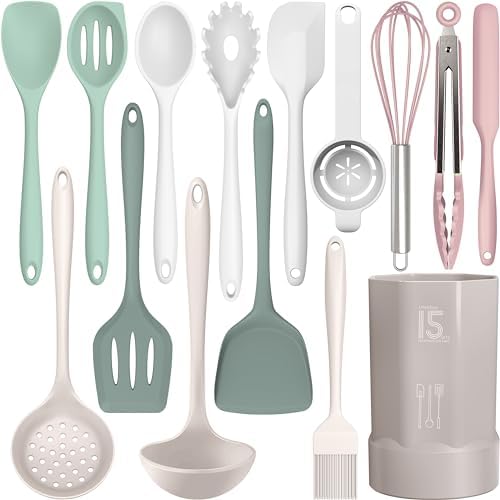 AOTHOD Silicone Cooking Utensils Set - 446°F Heat Resistant Silicone Kitchen Utensils,Spatula,Spoon, Kitchen Utensil Sets Gadgets Tools Set for Nonstick Cookware,Dishwasher Safe BPA FREE (Multicolor) by Safeandsuitableforuse