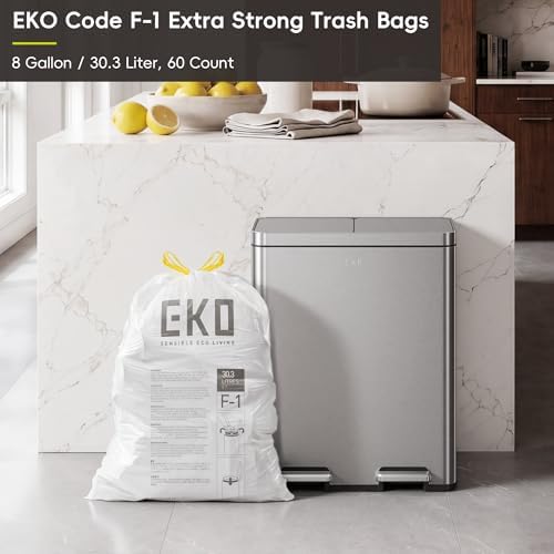 EKO 8 Gallon / 30.3 Liter, 60 Count Drawstring Trash Bags, Extra-Strong Unscented Garbage Bags, Easy-Dispense Roll for Kitchen & Household Use, Resists Tears, Leaks and Punctures, Code F-1, White - Image 6