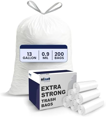 Plasticplace 13 Gallon Trash Bags │ 0.9 Mil │ White Tall Garbage Can Liners │ 24" x 27" (200 Count) by Plasticplace