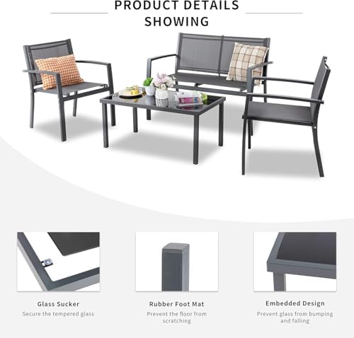 Shintenchi 4 Pieces Patio Furniture Set All Weather Textile Fabric Outdoor Conversation Set, with Glass Coffee Table, Loveseat, 2 Single Chairs for Home, Garden, Lawn, Porch（Gray） - Image 5
