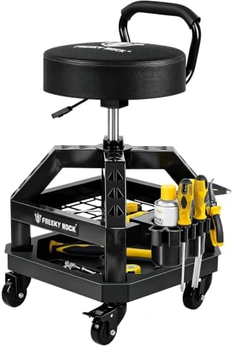Rolling Shop Stool with Wheels, Heavy Duty Garage Work Mechanic Stool with Backrest, Adjustable Height 360°Swivel Rolling Chair with Tool Tray Storage, 330 LBS Capacity, Black by FREEKYROCK