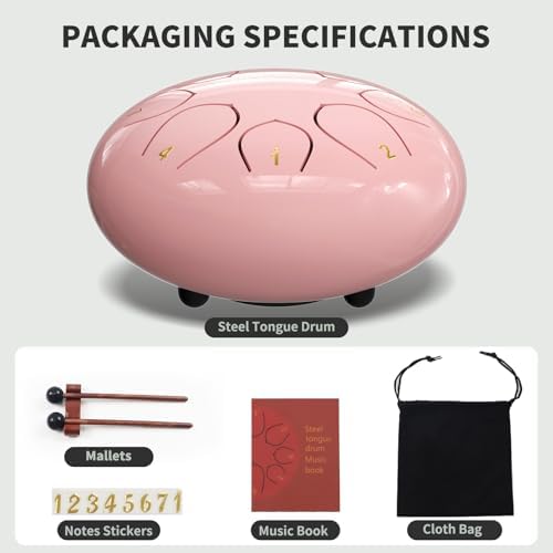 Rain Drum for Outside Garden, 6 Inches 8 Notes Steel Tongue Drums, Waterproof Meditation Echo Rain Chime, Musical Instruments for Adult Gift with Bag, Music Book, Mallets (Pink) - Image 3
