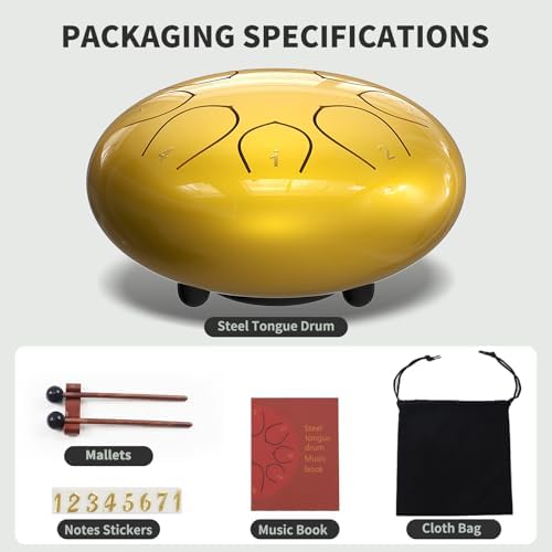 Rain Drum for Outside Garden, 6 Inches 8 Notes Steel Tongue Drums, Waterproof Meditation Rain Chime, Musical Instruments for Adult Gift with Bag, Music Book, Mallets (Gold) - Image 3