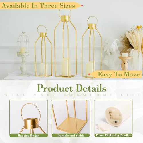 HPC DECOR Modern Farmhouse Lantern Decor- 22''19''16''Tall Large Gold Metal Candle Lanterns for Home Decor-Lanterns Decorative w/Timer Flickering Candles for Living Room,Outdoor,Fireplace Mantle Decor - Image 7