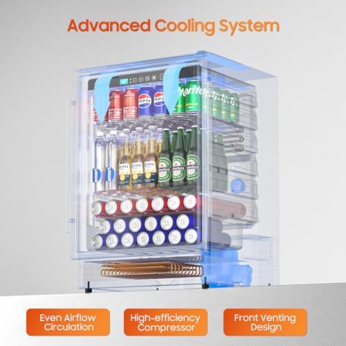 24 Inch Beverage Refrigerator, 180 Cans Under Counter Refrigerator with Glass Door Built-in or Freestanding, Drink Fridge for Soda Beer Wine-Kitchen Bar Office - Image 3